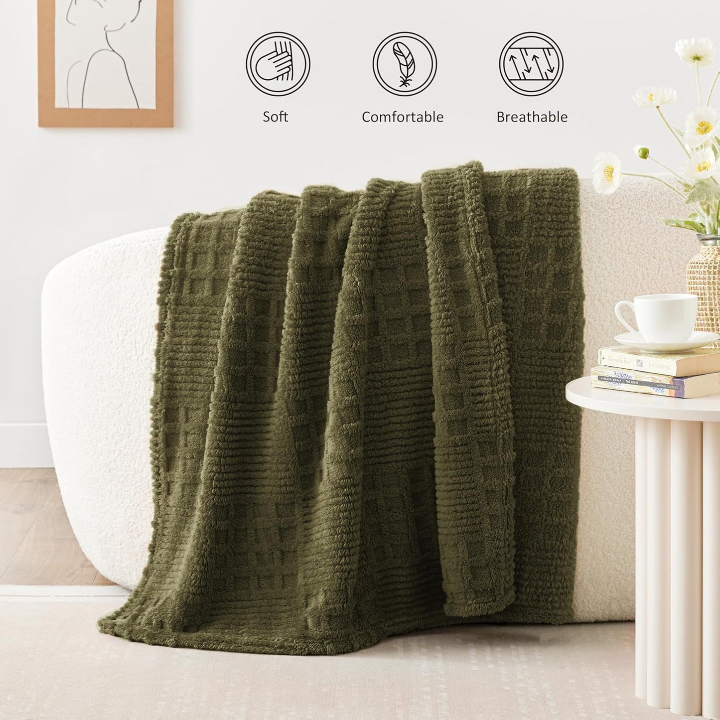 EXQ Home Fleece Throw Blanket for Couch or Bed - 3D Imitation Turtle Shell Jacquard Decorative Blankets - Cozy Soft Lightweight Fuzzy Flannel Blanket Suitable for All Seasons(50"×60",Beige)