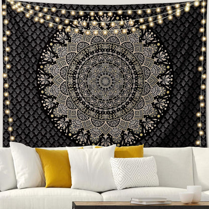 Black Mandala Tapestry Wall Hanging Psychedelic Wall Tapestry Aesthetic Indian Hippie Decor Bohemian Art Boho Home Decoration for Bedroom,Living Room,Dorm