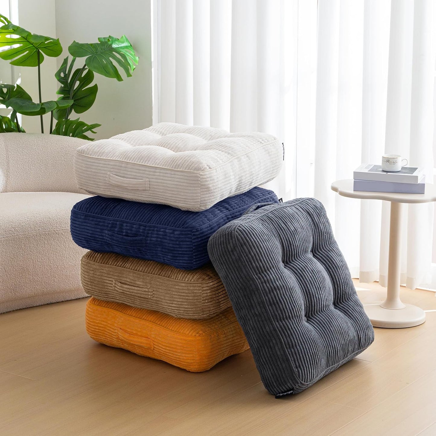 HIGOGOGO 6" Extra Thick Floor Pillow Cushion for Adults, Meditation Cushion Pillow, Large Square Floor Sitting, Tufted Corduroy Cover, for Tatami Living Room or Yoga, 22x22 Inch, 2Pack, Dark Grey