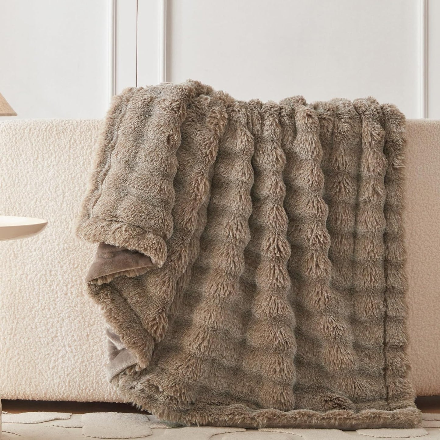 COOVA Faux Fur Throw Blanket for Couch, Cozy Soft and Fuzzy Plush Rabbit Fur Bubble Blanket for Sofa Bedroom Living Room, 50x60 Inches Tie Dye Brown