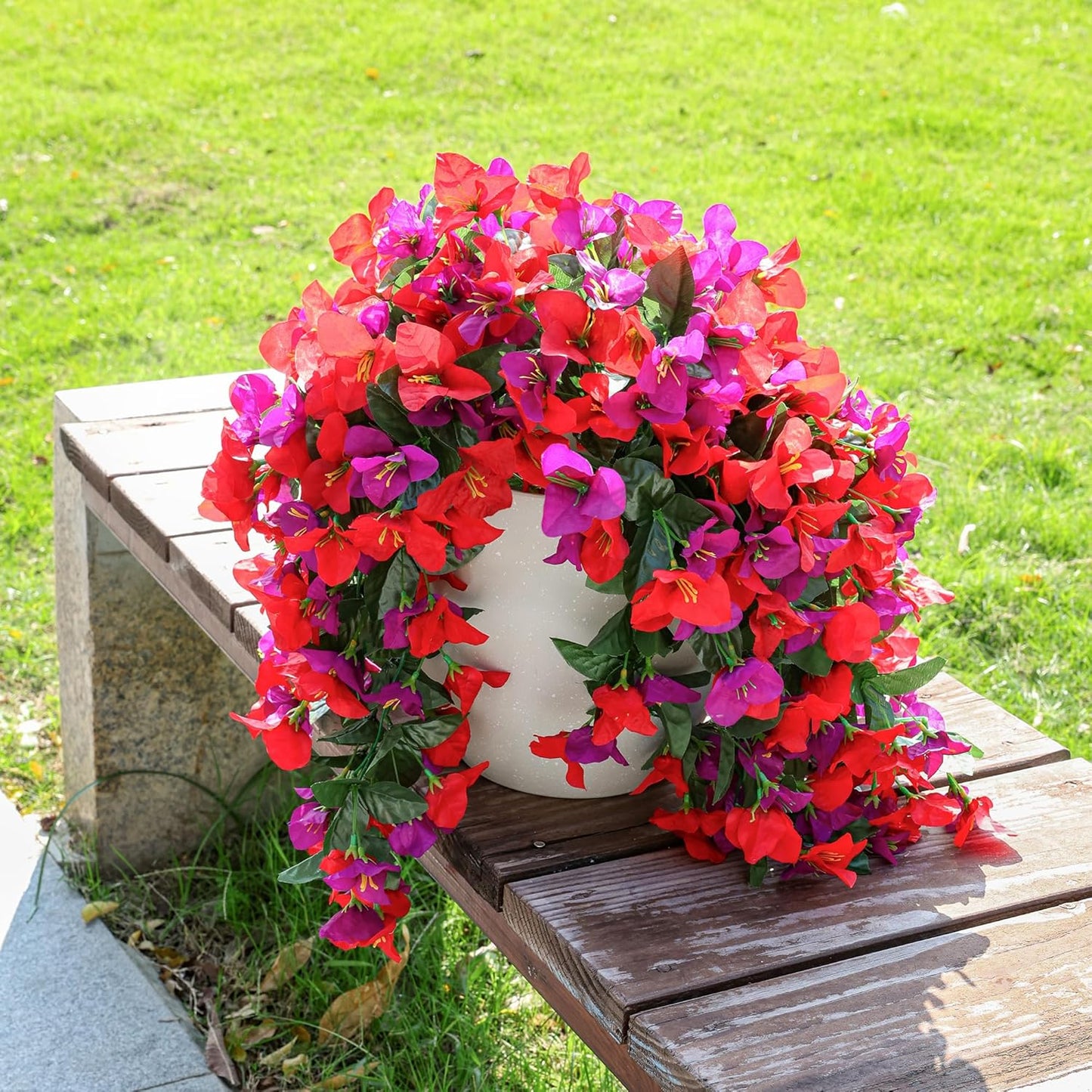 Faux Bougainvillea Artificial Flowers Plants for Outdoor Outside Decoration, 2 PCS Red Fake Flowers UV Resistant Look Real Silk Long Trailing Vines for Front Door Porch Planter Urn Patio Garden Yard