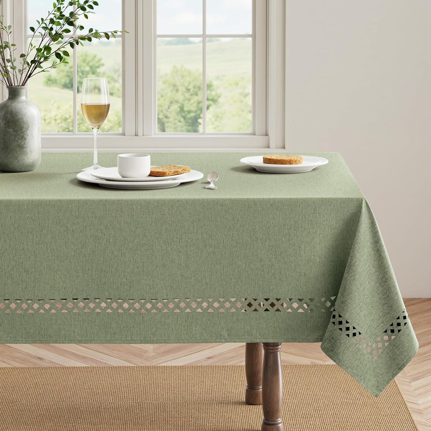 MIULEE Beige Rectangle Linen Polyester Tablecloth with Decorative Cutouts Spring Waterproof Stain Resistant & Shrink-Proof Table Cloth 52x70 inch Farmhouse Style for Dining Wedding and Outdoor
