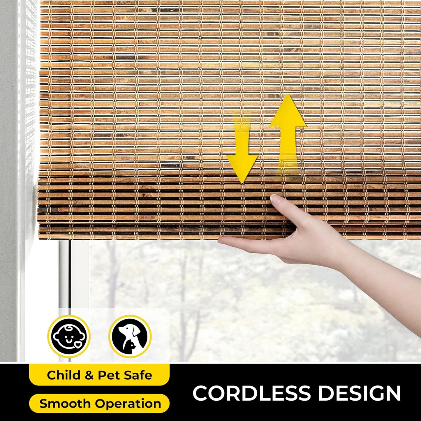 UNISHADES Cordless Bamboo Roman Shades for Windows, Blinds Size (26.5" W ×48" H) Colour (Highfield Teak)