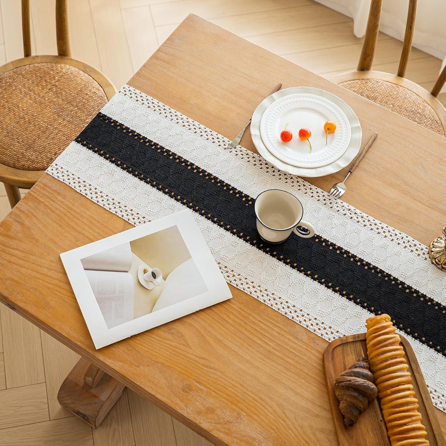FEXIA Boho Table Runner for Thanksgiving Fall Christmas Home Decor with Tassels 72 Inches Long Pottery barn Furniture Farmhouse Rustic Macrame Burlap Table Decoration for Living Room (12x72 Inches)