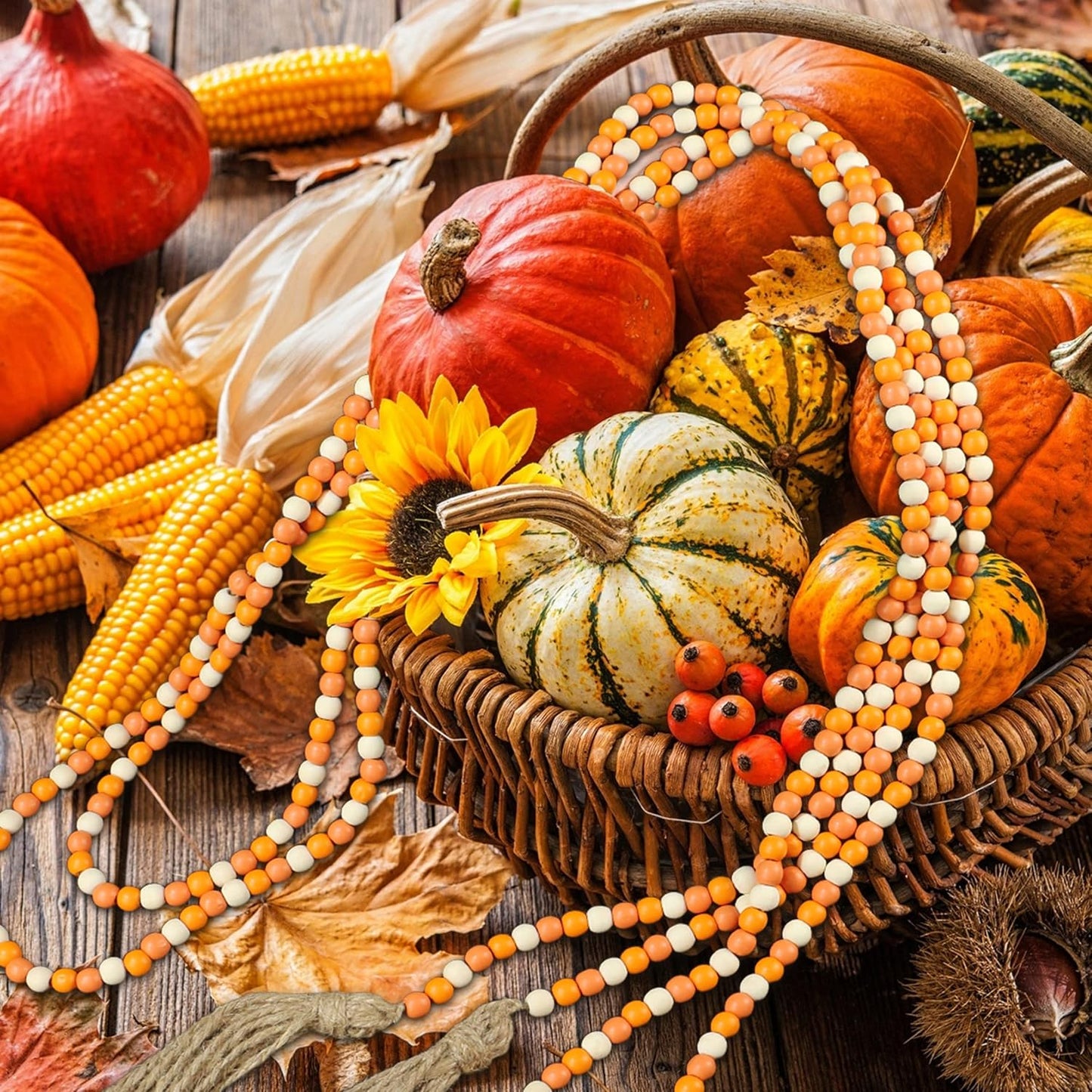 CVHOMEDECO. 16 Feet Wood Beads Garland with Tassels Farmhouse Rustic Wooden Decorative Bead String Wall Hanging Accent for Home Festival Decor. Orange
