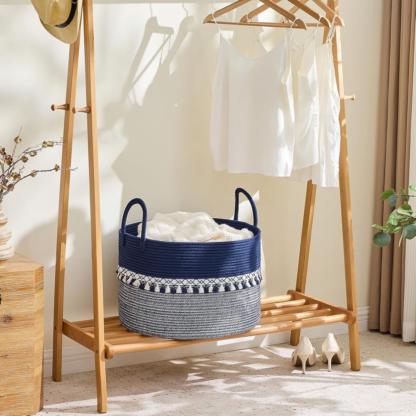 KAKAMAY Large Blanket Basket (20"x13"),Woven Baskets for storage Baby Laundry Hamper, Cotton Rope Blanket Basket for Living Room, Laundry, Nursery, Pillows, Baby Toy chest (White/Brown)