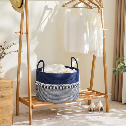 KAKAMAY Large Blanket Basket (20"x13"),Woven Baskets for storage Baby Laundry Hamper, Cotton Rope Blanket Basket for Living Room, Laundry, Nursery, Pillows, Baby Toy chest (White/Brown)