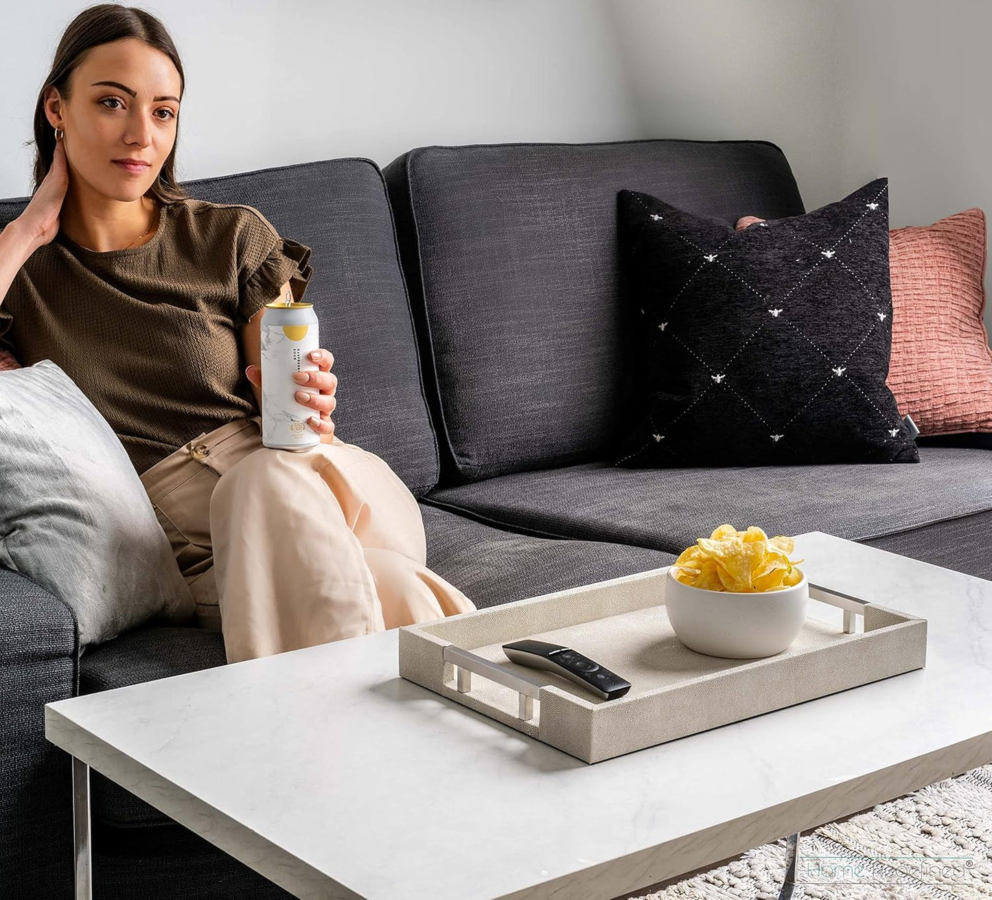 Home Redefined Beautiful Modern Elegant 17.5"x12" Rectangle Classic Black Faux Leather Decorative Tray Ottoman Coffee Table Perfume Living Room Kitchen Serving Tray with Handles for All Occasion's