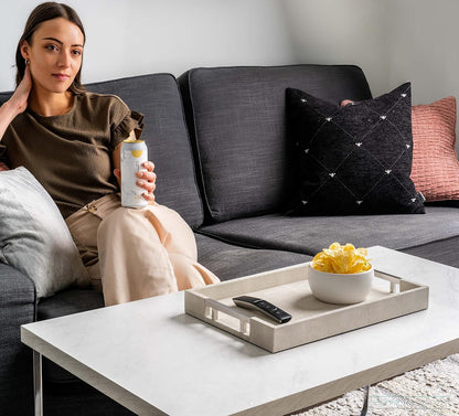 Home Redefined Beautiful Modern Elegant 17.5"x12" Rectangle Classic Black Faux Leather Decorative Tray Ottoman Coffee Table Perfume Living Room Kitchen Serving Tray with Handles for All Occasion's