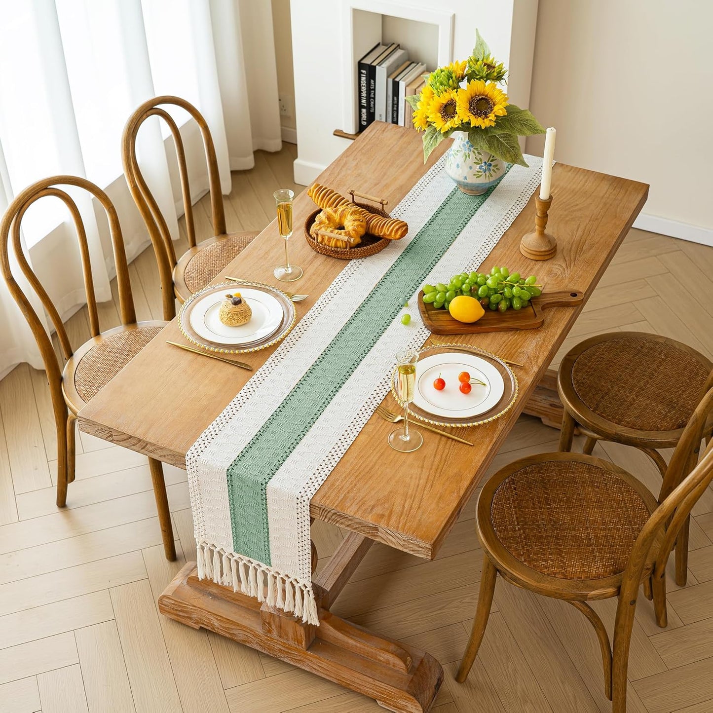 FEXIA Boho Table Runner for Thanksgiving Fall Christmas Home Decor with Tassels 72 Inches Long Pottery barn Furniture Farmhouse Rustic Macrame Burlap Table Decoration for Living Room (12x72 Inches)