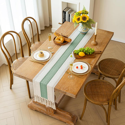 FEXIA Boho Table Runner for Thanksgiving Fall Christmas Home Decor with Tassels 72 Inches Long Pottery barn Furniture Farmhouse Rustic Macrame Burlap Table Decoration for Living Room (12x72 Inches)