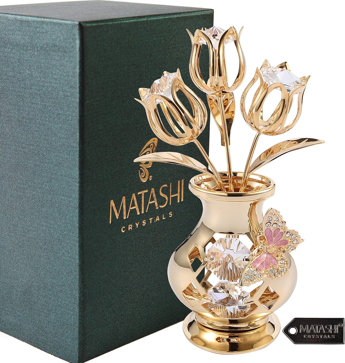 Matashi 24K Gold Plated Crystal Flower Figurine with Clear Crystals & Butterfly – Luxury Decorative Tulip Statue, Elegant Tabletop Home Décor, for Mother's Day, Valentine's Day, Christmas