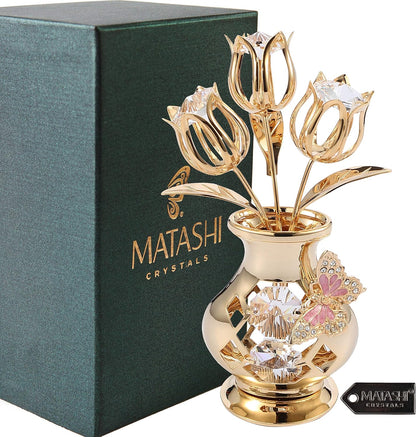Matashi 24K Gold Plated Crystal Flower Figurine with Clear Crystals & Butterfly – Luxury Decorative Tulip Statue, Elegant Tabletop Home Décor, for Mother's Day, Valentine's Day, Christmas
