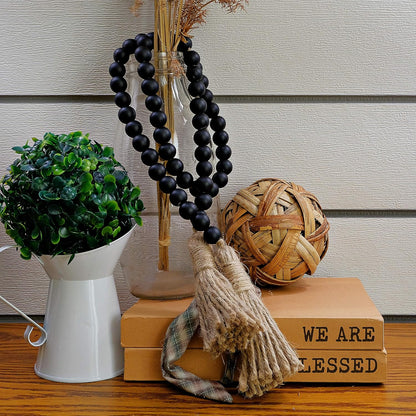 Farmhouse Wood Bead Garland Home Decor, Natural Wooden Garland for Tiered Tray, Decorative Tassel for Tier Tray, Rustic Beads Centerpiece Boho Table Decor, Beaded Accent White Washed