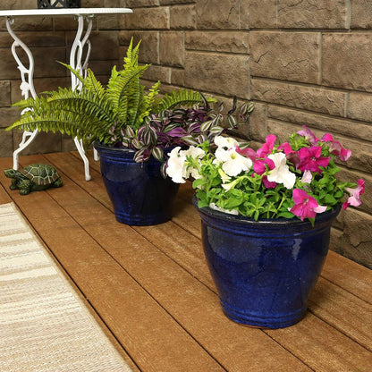 Sunnydaze Large Ceramic Plant Pot - Round Outdoor Glazed Ceramic Planter Pot with Drainage - Studio - Imperial Blue - 18.5"