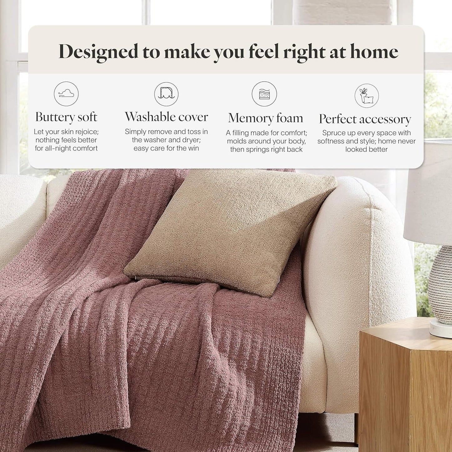 Sunday Citizen Snug Throw Pillow – Soft Memory Foam Decorative Pillow, Plush Snug Fabric Cover, Cozy Sofa & Bed Pillow, Washable Cover, Luxury Throw Pillow (Biscotti)