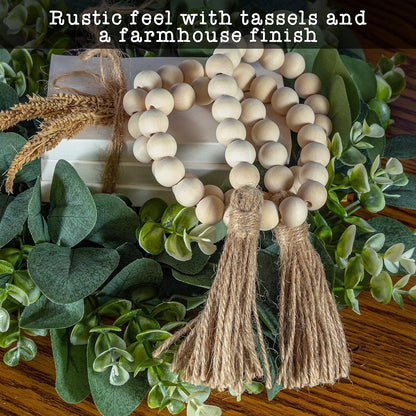 Farmhouse Wood Bead Garland Home Decor, Natural Wooden Garland for Tiered Tray, Decorative Tassel for Tier Tray, Rustic Beads Centerpiece Boho Table Decor, Beaded Accent White Washed