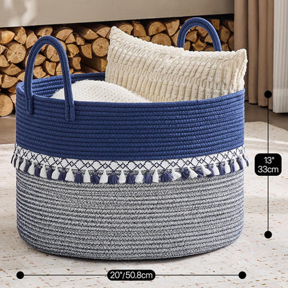 KAKAMAY Large Blanket Basket (20"x13"),Woven Baskets for storage Baby Laundry Hamper, Cotton Rope Blanket Basket for Living Room, Laundry, Nursery, Pillows, Baby Toy chest (White/Brown)