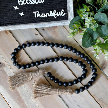 Farmhouse Wood Bead Garland Home Decor, Natural Wooden Garland for Tiered Tray, Decorative Tassel for Tier Tray, Rustic Beads Centerpiece Boho Table Decor, Beaded Accent White Washed