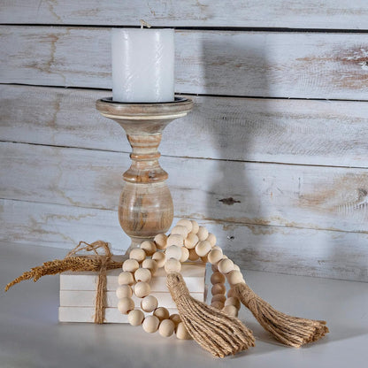 Farmhouse Wood Bead Garland Home Decor, Natural Wooden Garland for Tiered Tray, Decorative Tassel for Tier Tray, Rustic Beads Centerpiece Boho Table Decor, Beaded Accent White Washed