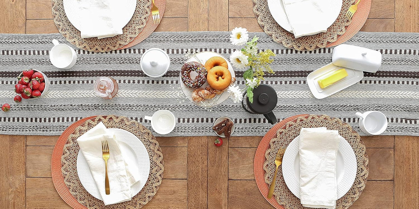 DII Farmhouse Braided Stripe Table Runner Collection, 15x72 (15x77, Fringe Included), Black