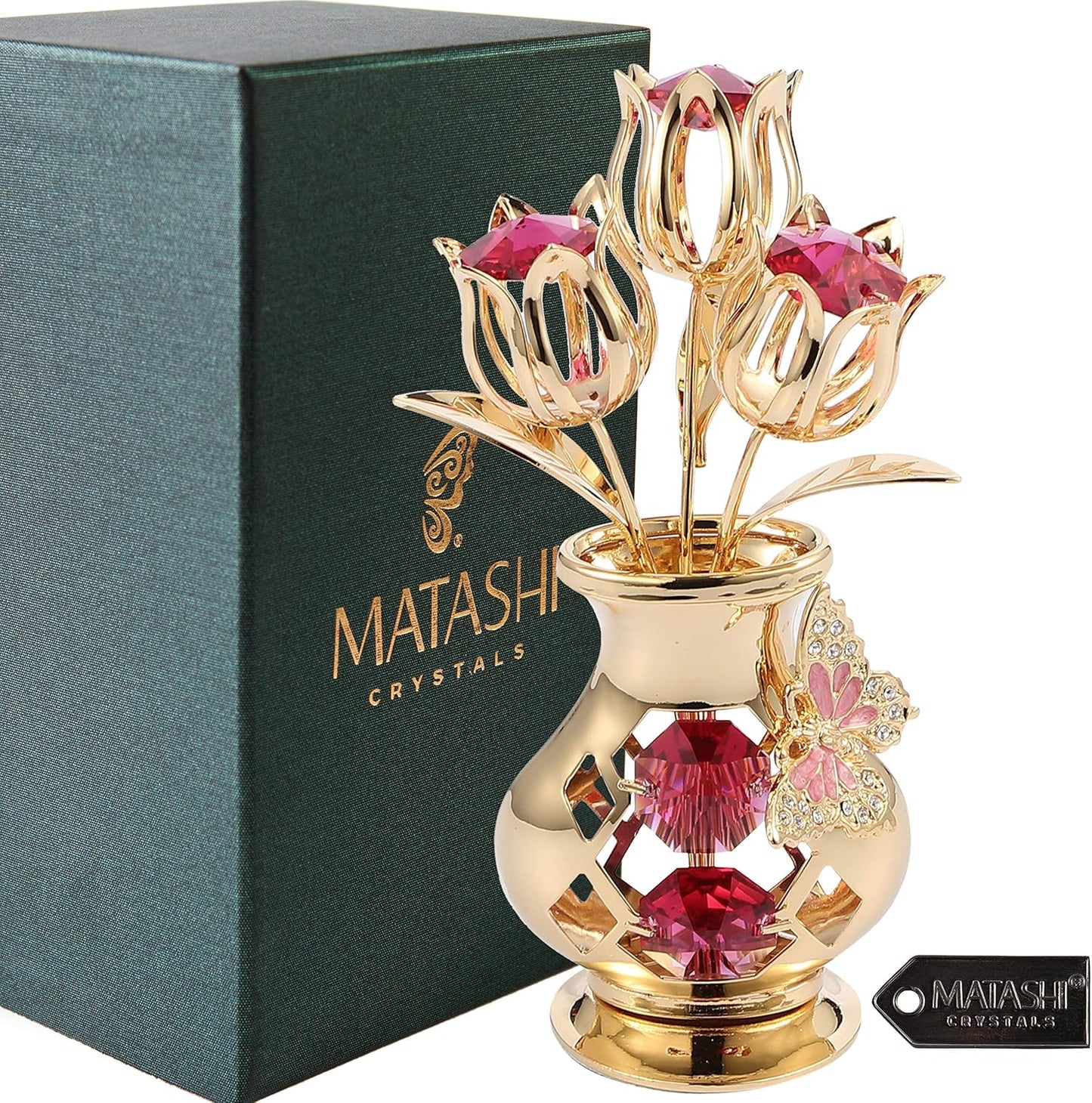 Matashi 24K Gold Plated Crystal Flower Figurine with Clear Crystals & Butterfly – Luxury Decorative Tulip Statue, Elegant Tabletop Home Décor, for Mother's Day, Valentine's Day, Christmas