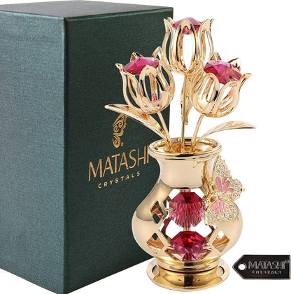 Matashi 24K Gold Plated Crystal Flower Figurine with Clear Crystals & Butterfly – Luxury Decorative Tulip Statue, Elegant Tabletop Home Décor, for Mother's Day, Valentine's Day, Christmas