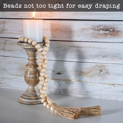 Farmhouse Wood Bead Garland Home Decor, Natural Wooden Garland for Tiered Tray, Decorative Tassel for Tier Tray, Rustic Beads Centerpiece Boho Table Decor, Beaded Accent White Washed