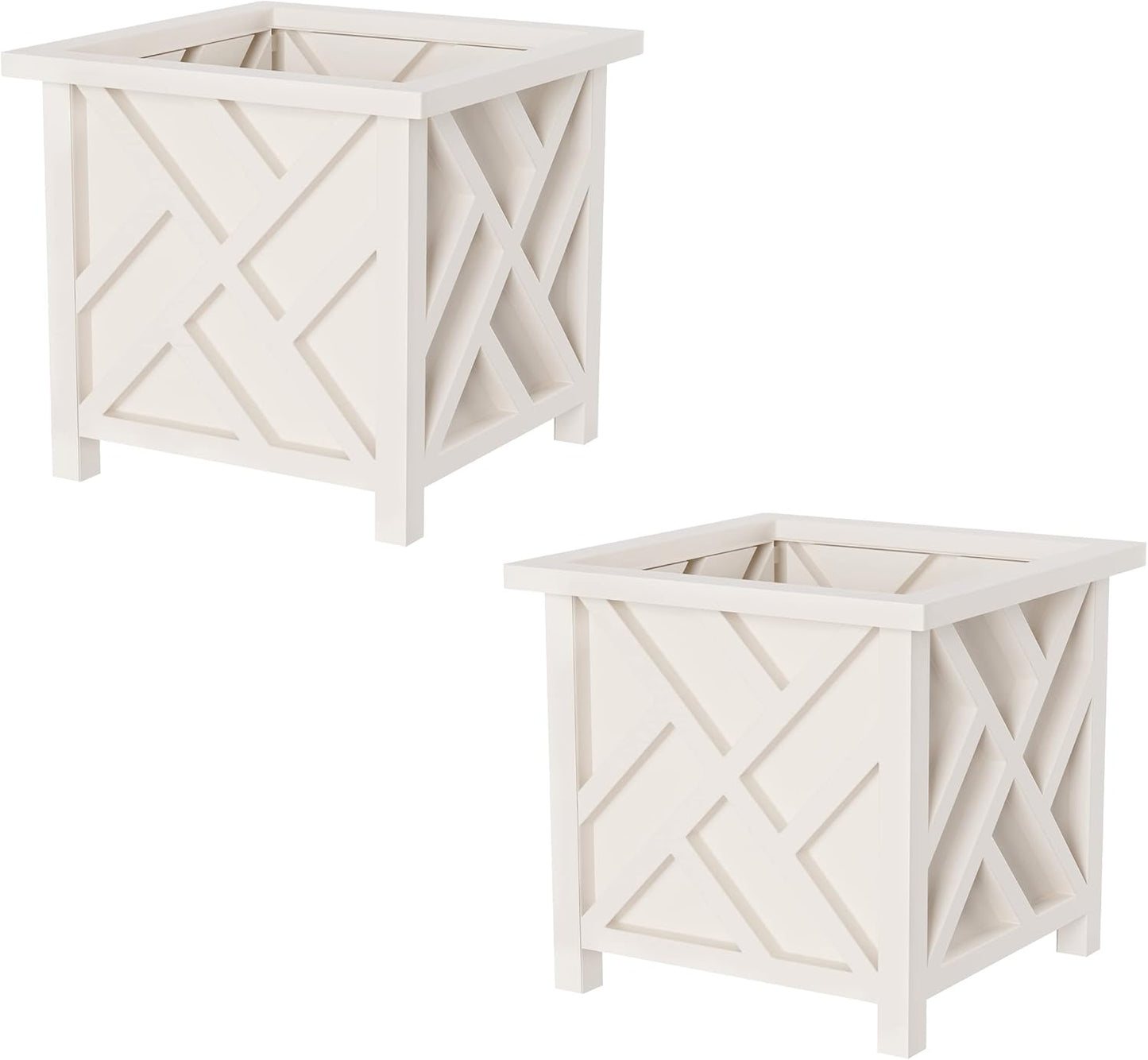 Lattice Design Outdoor Planter Box 2-Pack - 14.75” Square 13” Tall White Decorative Plant Pots for Front Porch Decor - Flower Pots Outdoor Planters for Porch Patio or Garden Decor