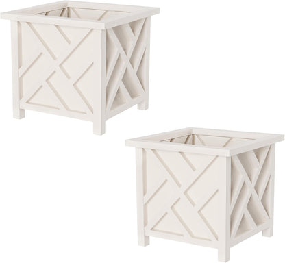 Lattice Design Outdoor Planter Box 2-Pack - 14.75” Square 13” Tall White Decorative Plant Pots for Front Porch Decor - Flower Pots Outdoor Planters for Porch Patio or Garden Decor
