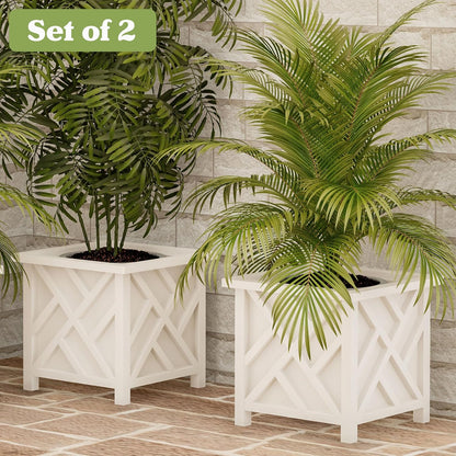 Lattice Design Outdoor Planter Box 2-Pack - 14.75” Square 13” Tall White Decorative Plant Pots for Front Porch Decor - Flower Pots Outdoor Planters for Porch Patio or Garden Decor