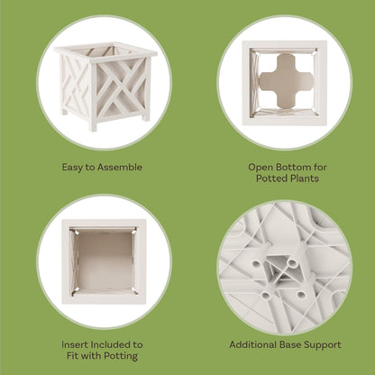 Lattice Design Outdoor Planter Box 2-Pack - 14.75” Square 13” Tall White Decorative Plant Pots for Front Porch Decor - Flower Pots Outdoor Planters for Porch Patio or Garden Decor