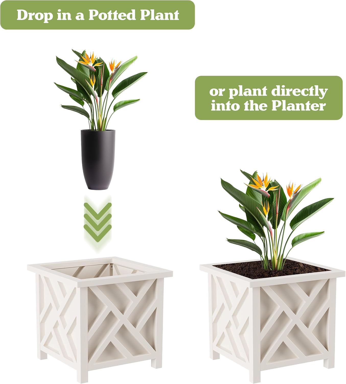 Lattice Design Outdoor Planter Box 2-Pack - 14.75” Square 13” Tall White Decorative Plant Pots for Front Porch Decor - Flower Pots Outdoor Planters for Porch Patio or Garden Decor