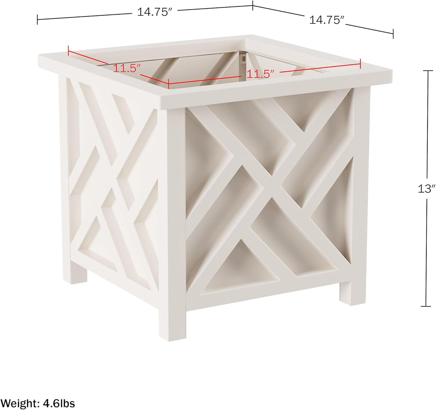 Lattice Design Outdoor Planter Box 2-Pack - 14.75” Square 13” Tall White Decorative Plant Pots for Front Porch Decor - Flower Pots Outdoor Planters for Porch Patio or Garden Decor