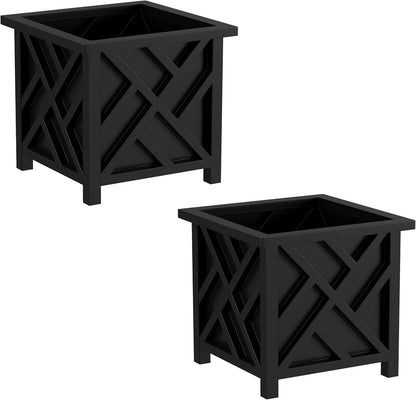 Lattice Design Outdoor Planter Box 2-Pack - 14.75” Square 13” Tall White Decorative Plant Pots for Front Porch Decor - Flower Pots Outdoor Planters for Porch Patio or Garden Decor