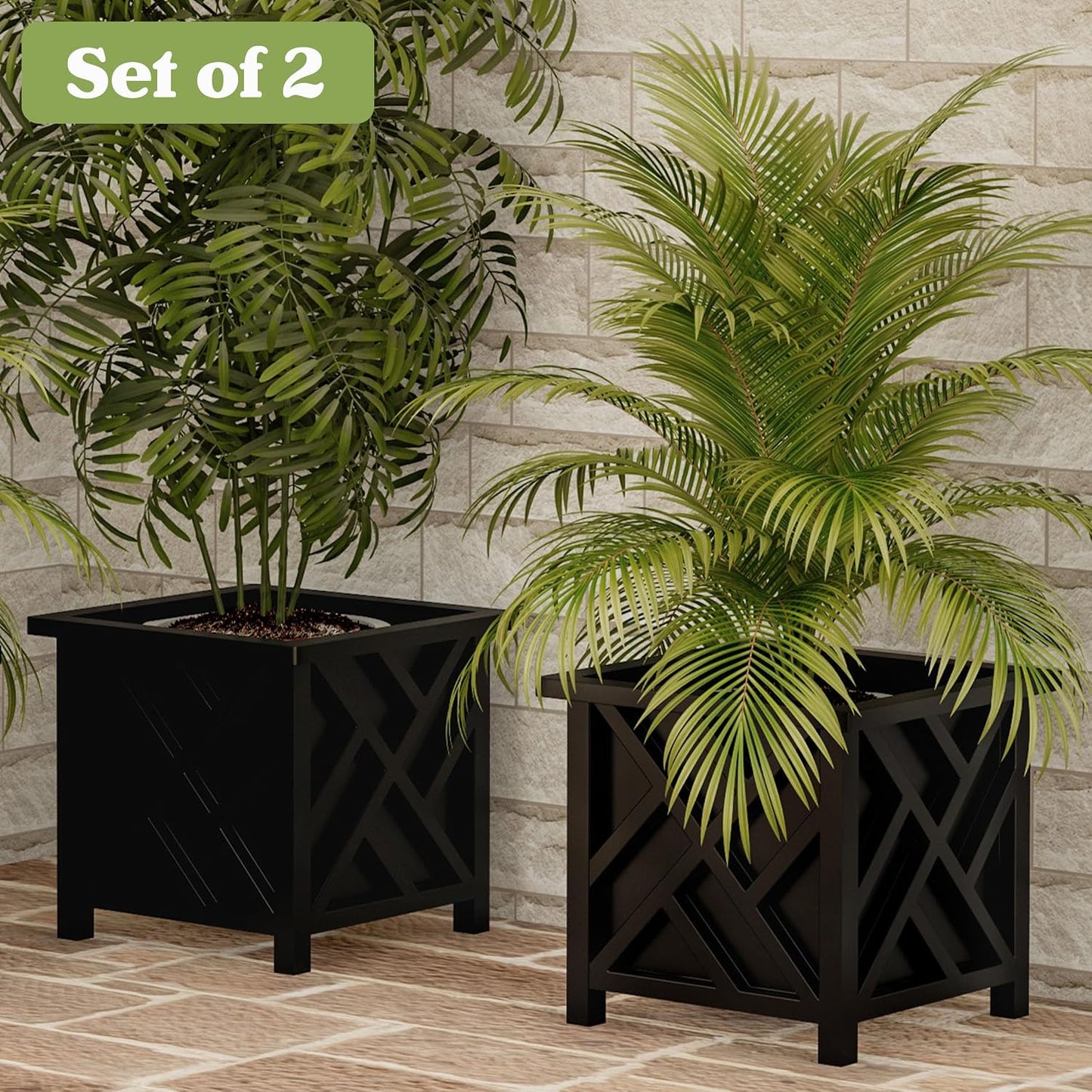 Lattice Design Outdoor Planter Box 2-Pack - 14.75” Square 13” Tall White Decorative Plant Pots for Front Porch Decor - Flower Pots Outdoor Planters for Porch Patio or Garden Decor