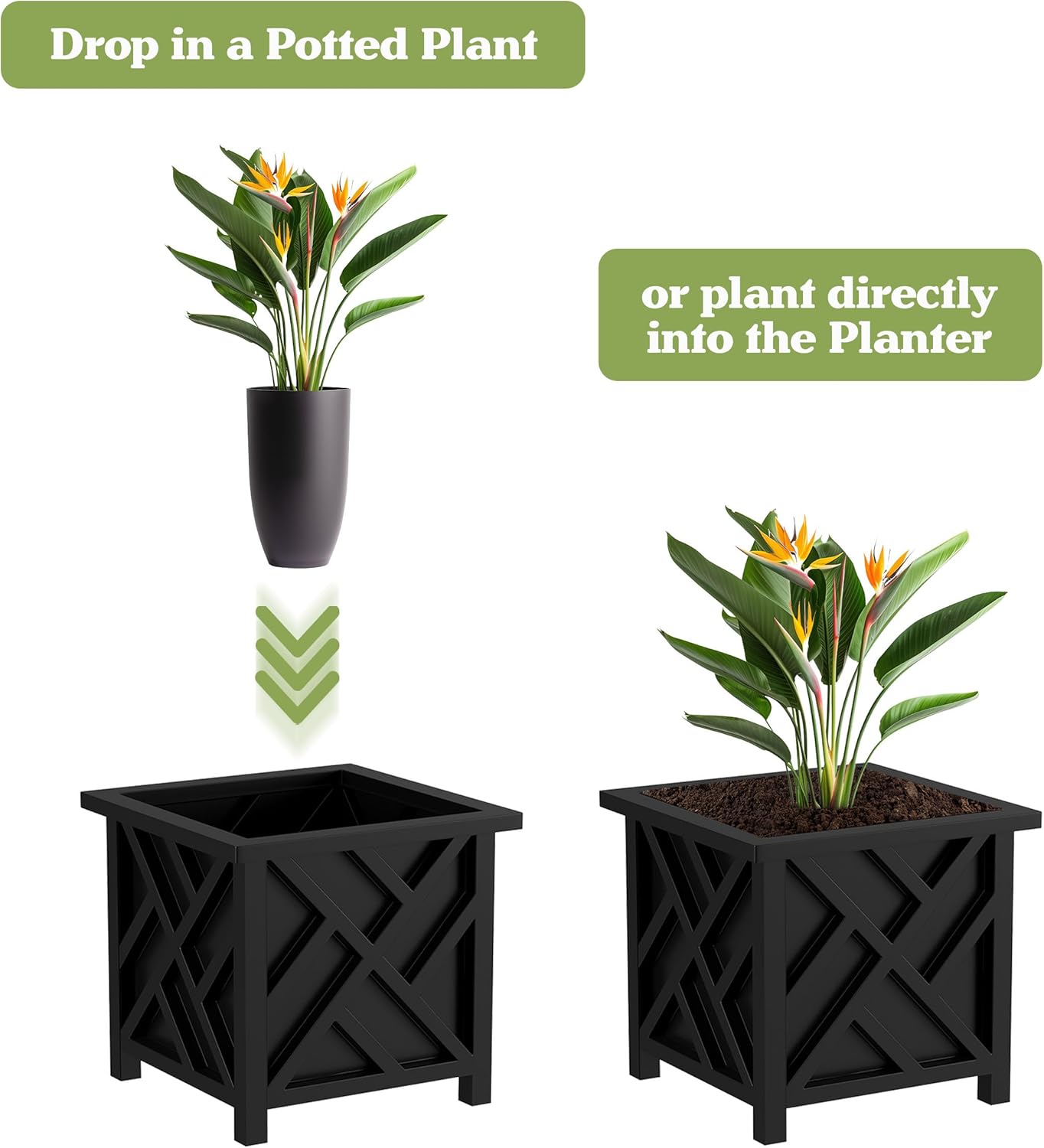 Lattice Design Outdoor Planter Box 2-Pack - 14.75” Square 13” Tall White Decorative Plant Pots for Front Porch Decor - Flower Pots Outdoor Planters for Porch Patio or Garden Decor