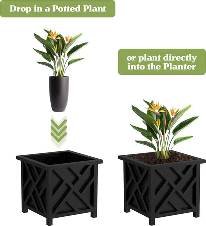 Lattice Design Outdoor Planter Box 2-Pack - 14.75” Square 13” Tall White Decorative Plant Pots for Front Porch Decor - Flower Pots Outdoor Planters for Porch Patio or Garden Decor