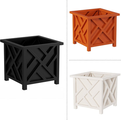 Lattice Design Outdoor Planter Box 2-Pack - 14.75” Square 13” Tall White Decorative Plant Pots for Front Porch Decor - Flower Pots Outdoor Planters for Porch Patio or Garden Decor