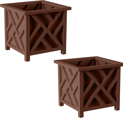 Lattice Design Outdoor Planter Box 2-Pack - 14.75” Square 13” Tall White Decorative Plant Pots for Front Porch Decor - Flower Pots Outdoor Planters for Porch Patio or Garden Decor