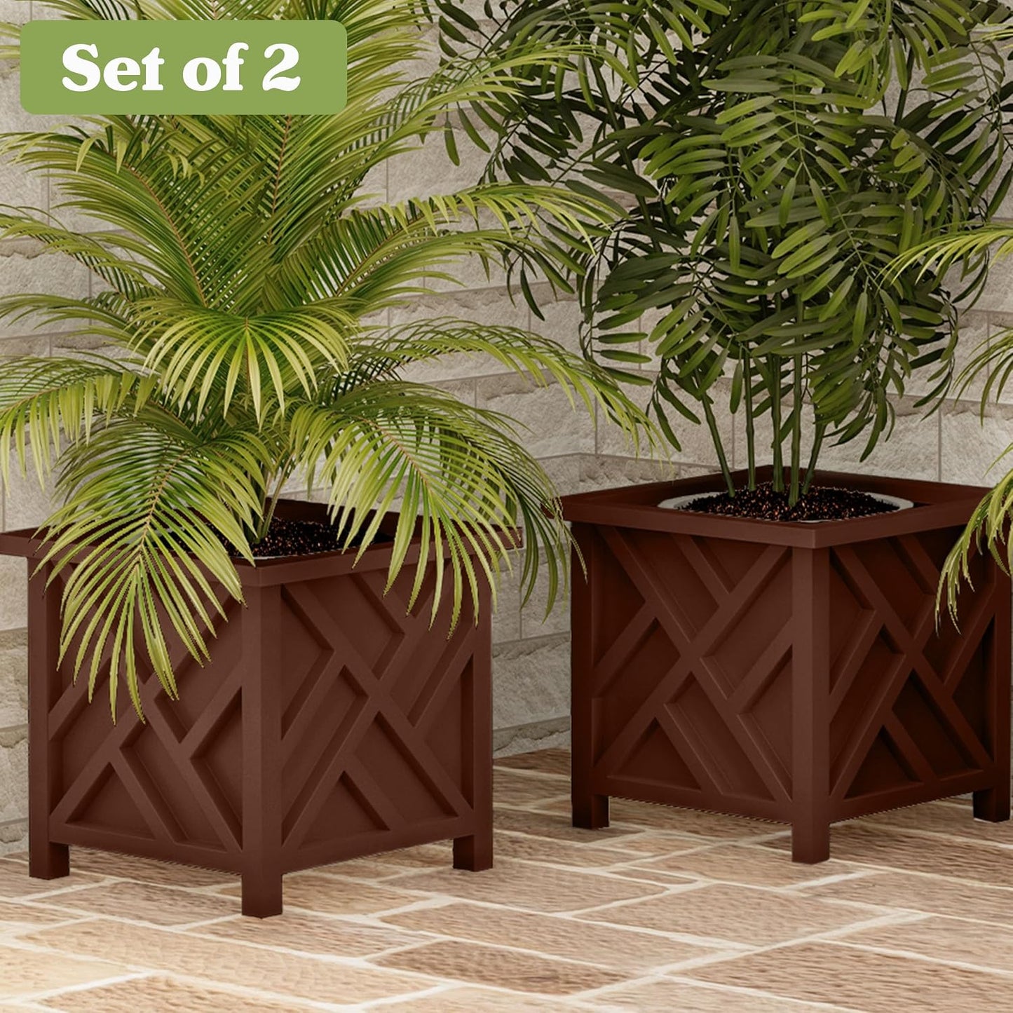 Lattice Design Outdoor Planter Box 2-Pack - 14.75” Square 13” Tall White Decorative Plant Pots for Front Porch Decor - Flower Pots Outdoor Planters for Porch Patio or Garden Decor