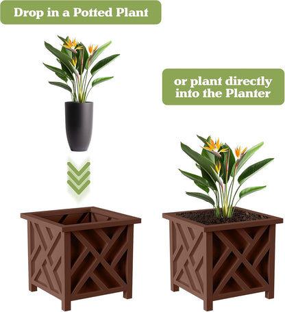 Lattice Design Outdoor Planter Box 2-Pack - 14.75” Square 13” Tall White Decorative Plant Pots for Front Porch Decor - Flower Pots Outdoor Planters for Porch Patio or Garden Decor