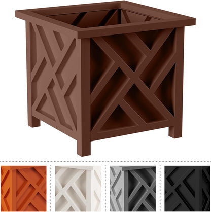 Lattice Design Outdoor Planter Box 2-Pack - 14.75” Square 13” Tall White Decorative Plant Pots for Front Porch Decor - Flower Pots Outdoor Planters for Porch Patio or Garden Decor