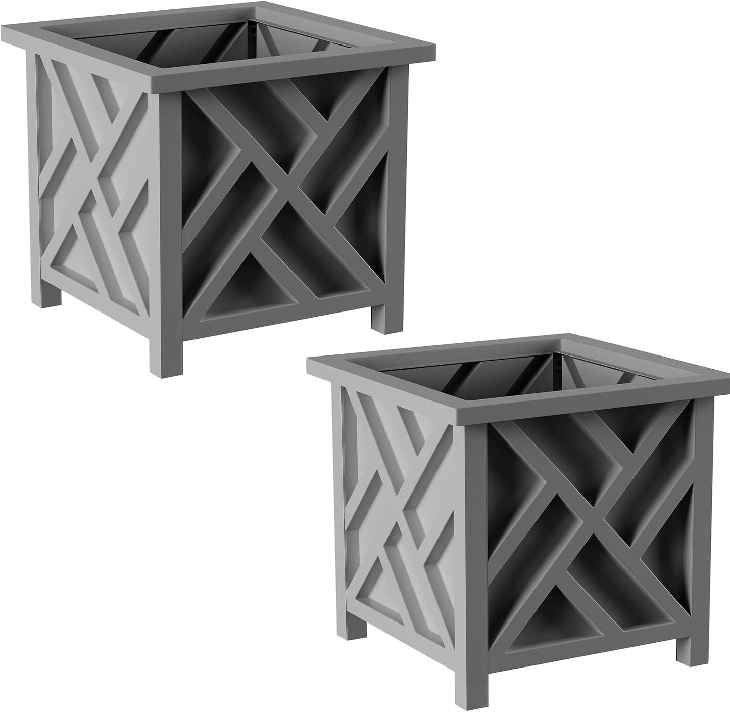 Lattice Design Outdoor Planter Box 2-Pack - 14.75” Square 13” Tall White Decorative Plant Pots for Front Porch Decor - Flower Pots Outdoor Planters for Porch Patio or Garden Decor