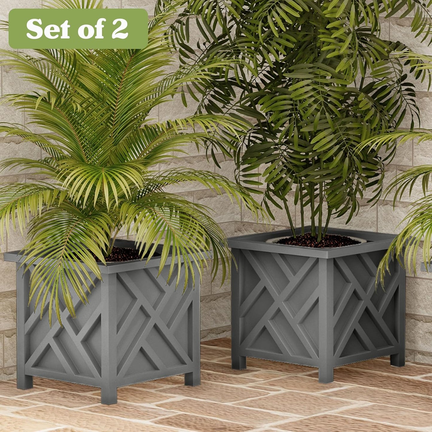 Lattice Design Outdoor Planter Box 2-Pack - 14.75” Square 13” Tall White Decorative Plant Pots for Front Porch Decor - Flower Pots Outdoor Planters for Porch Patio or Garden Decor