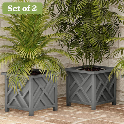 Lattice Design Outdoor Planter Box 2-Pack - 14.75” Square 13” Tall White Decorative Plant Pots for Front Porch Decor - Flower Pots Outdoor Planters for Porch Patio or Garden Decor