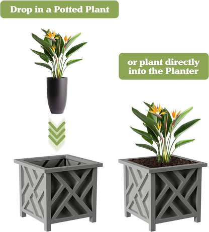 Lattice Design Outdoor Planter Box 2-Pack - 14.75” Square 13” Tall White Decorative Plant Pots for Front Porch Decor - Flower Pots Outdoor Planters for Porch Patio or Garden Decor