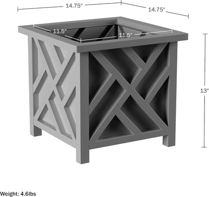 Lattice Design Outdoor Planter Box 2-Pack - 14.75” Square 13” Tall White Decorative Plant Pots for Front Porch Decor - Flower Pots Outdoor Planters for Porch Patio or Garden Decor