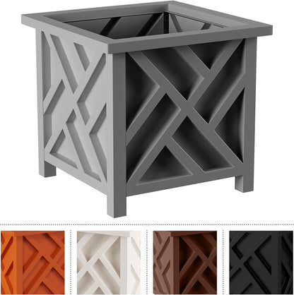 Lattice Design Outdoor Planter Box 2-Pack - 14.75” Square 13” Tall White Decorative Plant Pots for Front Porch Decor - Flower Pots Outdoor Planters for Porch Patio or Garden Decor