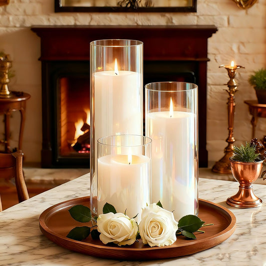 24 Pcs White Pillar Candles and Glass Cylinder Vases Clear Glass Pillar Candle Holders Hurricane Glass Candle Holders for Table Centerpieces Wedding, Party, Event, Home Office